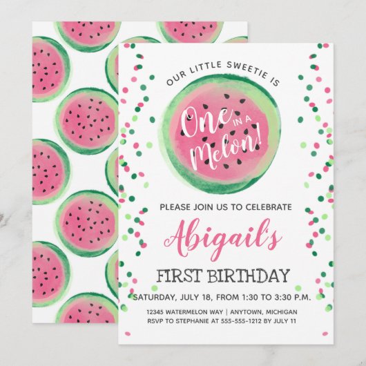 Invitation Fête de premier anniversaire One in a Melon Pastèq (Devant / Derrière)
