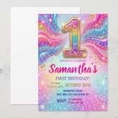 Invitation Fête de premier anniversaire Paillettes Étincelle (Devant / Derrière)