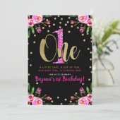 Invitation Fête de premier anniversaire Rose Pailleté UNE Fle (Debout devant)