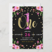Invitation Fête de premier anniversaire Rose Pailleté UNE Fle (Dos)