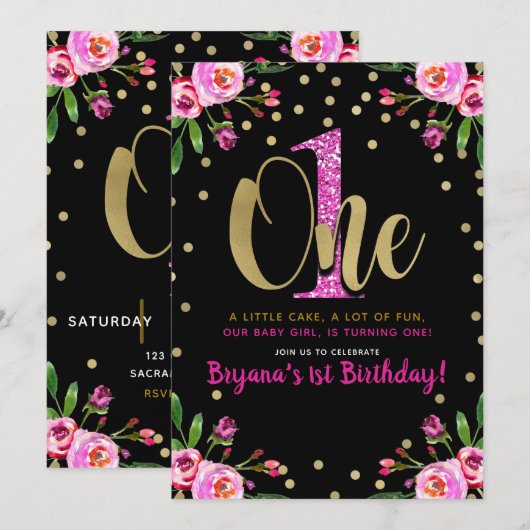 Invitation Fête de premier anniversaire Rose Pailleté UNE Fle (Devant / Derrière)