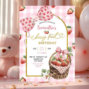 Invitation Fête de première année Coquette Rose Gingham à la