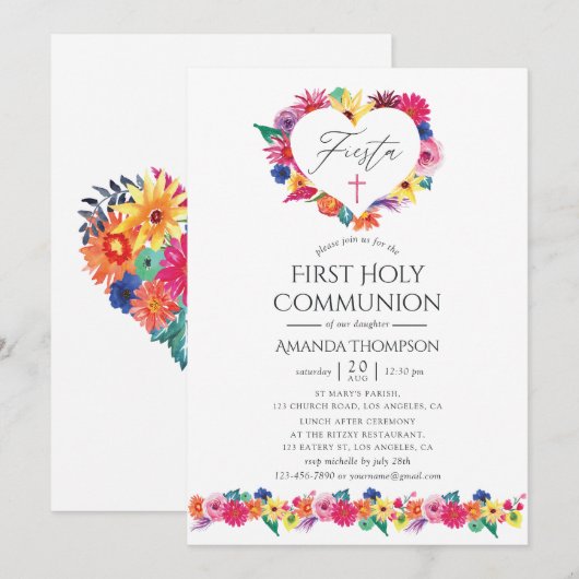 Invitation Fête de première communion florale à l'aquarelle (Devant / Derrière)