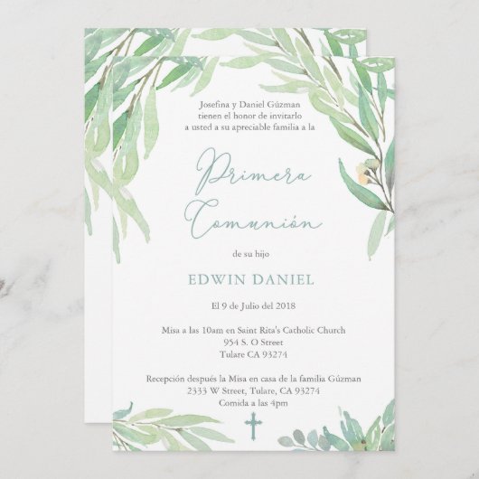 Invitation Fête de première communion pour Latino, Primera Co (Devant / Derrière)