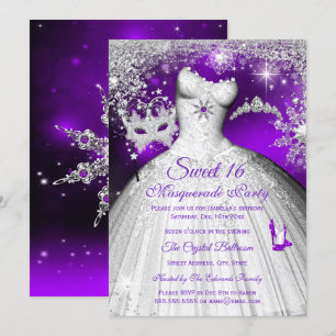 Invitation Fête de princesse déguisée Sweet 16 violet argent