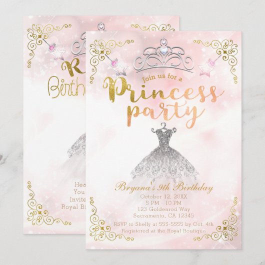 Invitation FÊTE DE PRINCESSE Fête d'anniversaire rose paillet (Devant / Derrière)