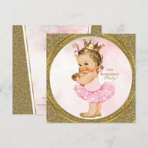 Invitation Fête de Princesse Pailletée Or Rose Bébé Fille Vin