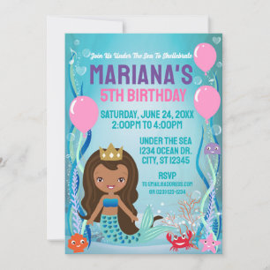 Invitation Fête de princesse sirène (cheveux noirs)