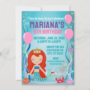 Invitation Fête de princesse sirène (cheveux roux)