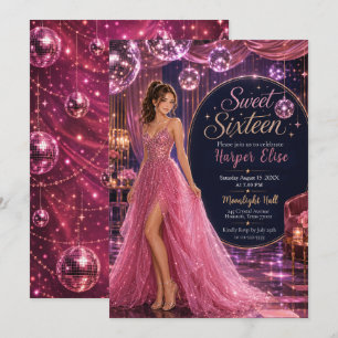 Invitation Fête de Princesse Sweet 16 Rose Disco