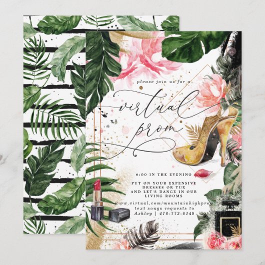Invitation Fête de Promo Virtuelle | Feuillage d'Été Glamour (Devant / Derrière)