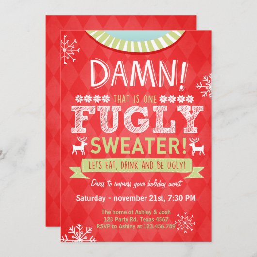 Invitation Fête de pull moche Noël Fugly Sweater rouge (Devant / Derrière)