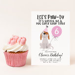 Invitation Fête de Puppy Dog Pink Birthday<br><div class="desc">Cute puppy illustration birthday invitation for your child's birthday ! The white and brown dog is wearing a pink and white striped party and holding a pink balloon. Inside the balloon est à editable text where you can have the child's age printed. The text above says "Let's Pawty. it's gonna...</div>