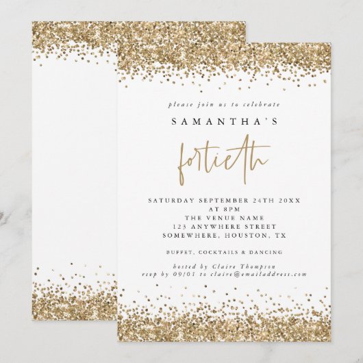 Invitation Fête de quarantième anniversaire Glam Gold Glitter (Devant / Derrière)