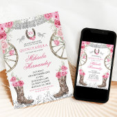 Invitation Fête de quince ans Charra avec des roses roses arg