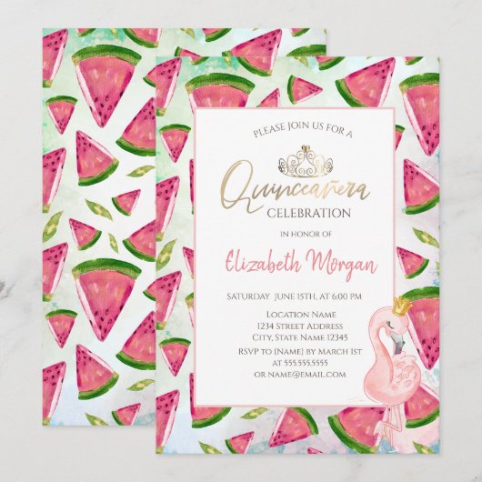 Invitation Fête de quince ans Flamants roses Pastèque (Devant / Derrière)