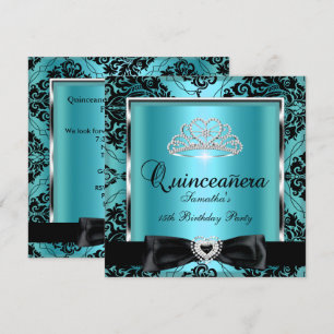 Invitation Fête de Quinceanera 15 ans Damassé Sarcelle Argent