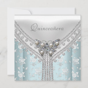 Invitation Fête de Quinceañera Anniversaire Bleu Blanc Papill