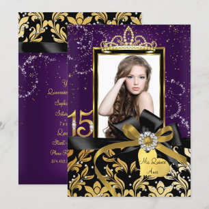 Invitation Fête de Quinceanera avec photo et damassé violet e