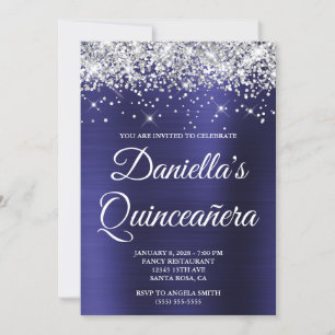 Invitation Fête de Quinceañera bleu indigo pailleté argent