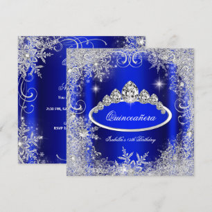 Invitation Fête de Quinceañera Bleu Royal Flocons de Neige Ar