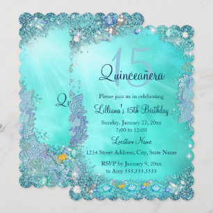 Invitation Fête de Quinceanera Bleu Turquoise Océan Joyau Ann