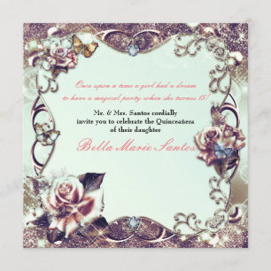 Invitation Fête de Quinceañera Bronze Roses et Papillons