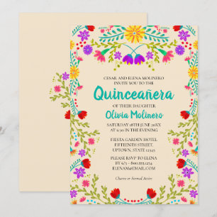 Invitation Fête de Quinceañera Champagne Fleurs Mexicaines An