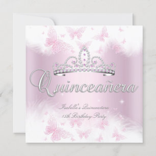 Invitation Fête de Quinceañera Couronne papillon rose blanc