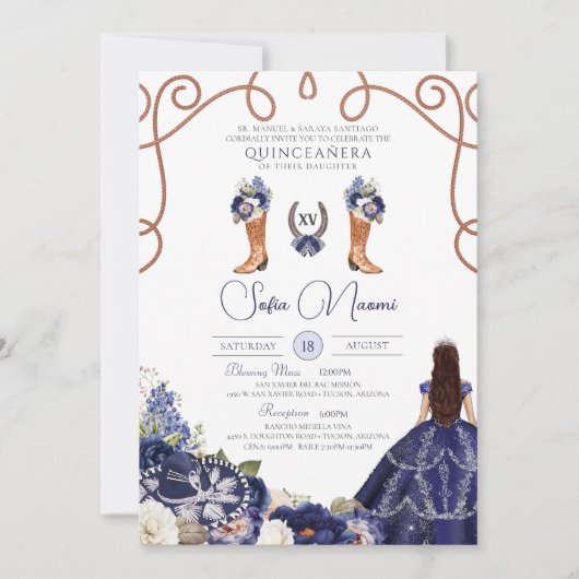 Invitation Fête de Quinceañera de photo charro florale rustiq (Devant)