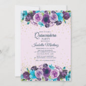 Invitation Fête de Quinceañera florale bleue violette avec pa (Devant)