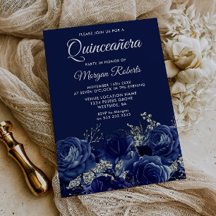 Invitation Fête de Quinceanera florale Navy & Argent