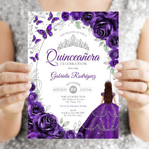 Invitation Fête de Quinceañera Florale Violette Argentée