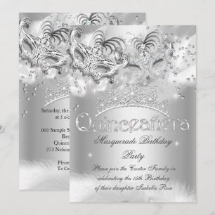 Invitation Fête de Quinceanera Mascarade Pailletée Argentée
