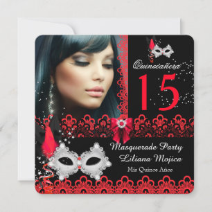 Invitation Fête de Quinceañera Mascarade Rouge en Dentelle