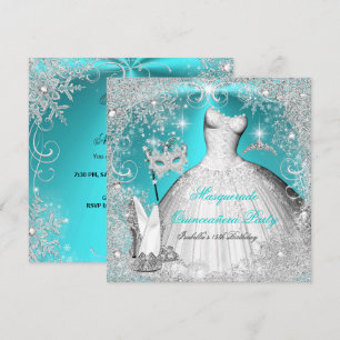 Invitation Fête de Quinceañera Mascarade Turquoise Blanc Floc