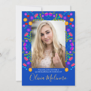 Invitation Fête de Quinceañera mexicaine Floral Bleu Photo