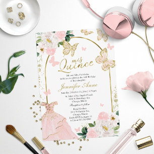 Invitation Fête de Quinceañera Papillon Floral Rose Enchantée