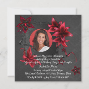 Invitation Fête de Quinceanera Photo en Damassé Noir avec Lys