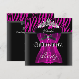 Invitation Fête de Quinceañera Rose Zèbre Noir Tiare Corset