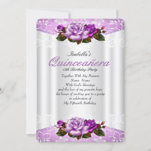 Invitation Fête de Quinceañera Roses Blanches Violettes Roses