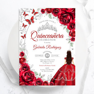 Invitation Fête de Quinceañera Rouge Floral Argent