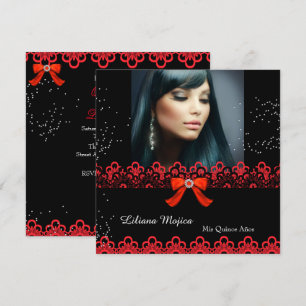 Invitation Fête de Quinceanera Rouge Ruban Bijou Dentelle 2