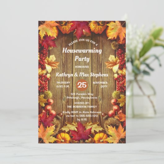 Invitation Fête de réchauffement ménager - Feuilles d'automne (Debout devant)