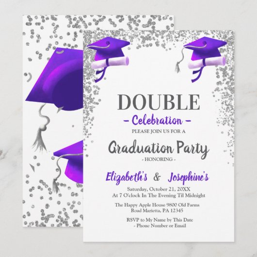 Invitation Fête de remise de diplôme double Gris Violet (Devant / Derrière)
