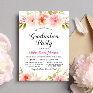 Invitation Fête de remise de diplôme florale aquarelle rose