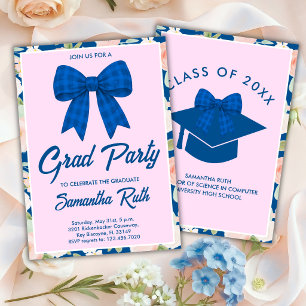 Invitation Fête de remise de diplômes à ruban à carreaux bleu