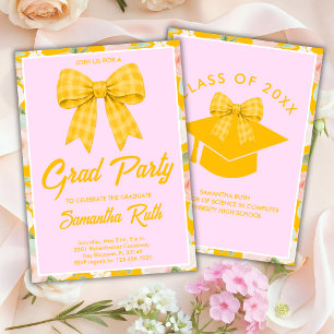 Invitation Fête de remise de diplômes à ruban gingham jaune d