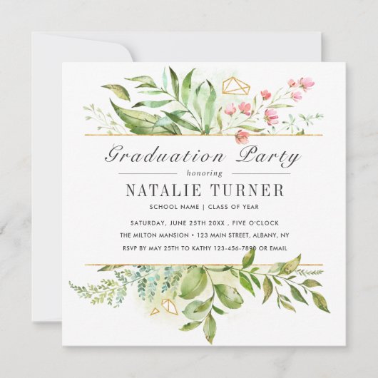 Invitation Fête de remise de diplômes avec feuillage vert flo (Devant)