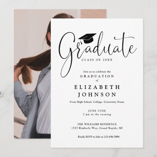 Invitation Fête de remise de diplômes avec photo en écriture (Devant / Derrière)